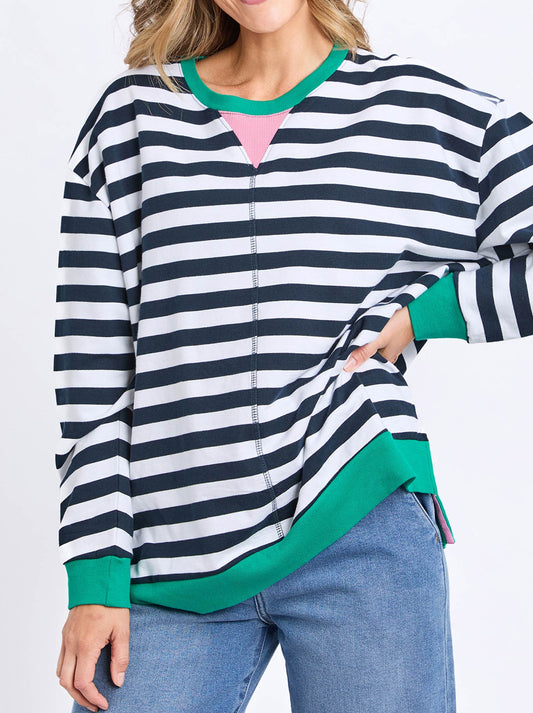 Image of a model wearing Tops. Productname: Elm Maps Crew in Navy White Stripe colour by brand - Elm