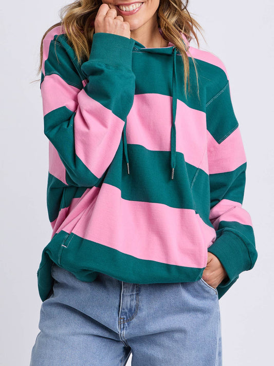 Image of a model wearing Outerwear. Productname: Elm Liberty Block Hoodie in Pink/Green colour by brand - Elm