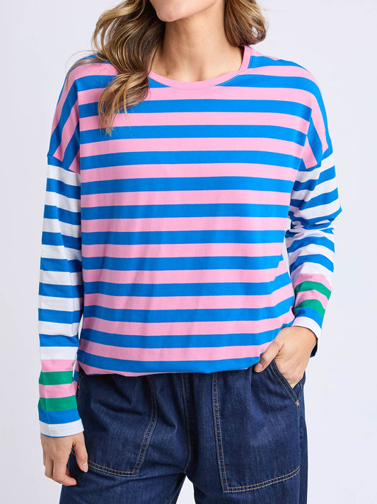 Image of a model wearing Tops. Productname: Elm Taffy Stripe Long Sleeve Tee in Blue Pink colour by brand - Elm