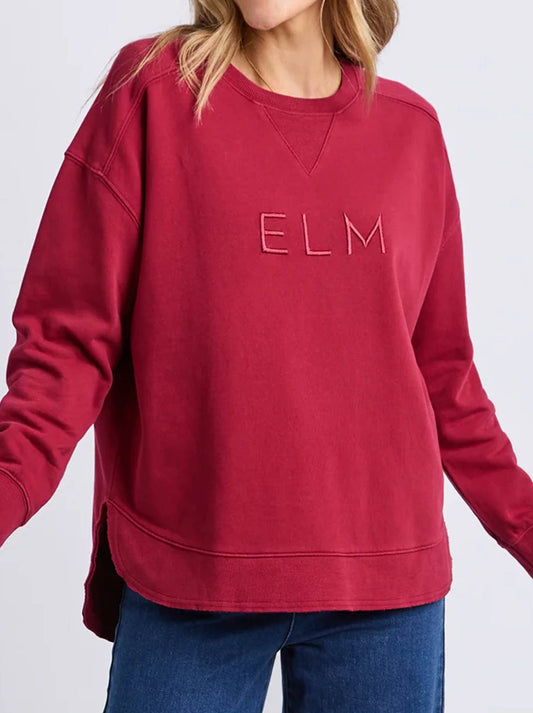 Image of a model wearing Tops. Product name - Elm Established Crew in Maroon colour by brand - Elm
