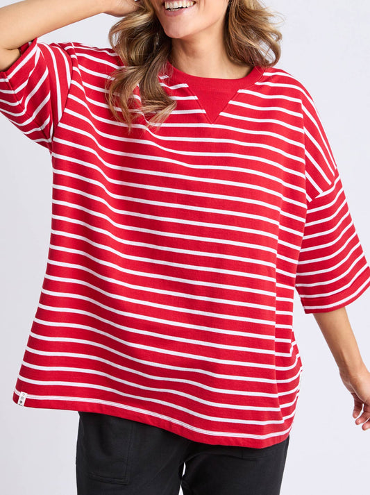 Image of a model wearing Tops. Productname: Elm Valentina Top in Cranberry White Stripe colour by brand - Elm