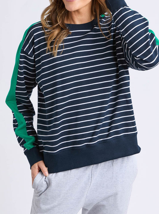 Image of a model wearing Tops. Productname: Elm Stripe Sloane Crew in Navy White Stripe colour by brand - Elm