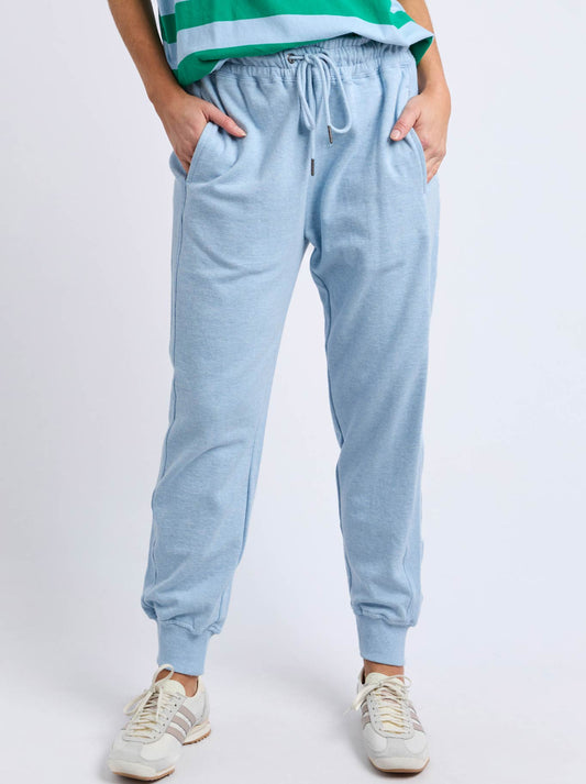 Image of a model wearing Pants. Productname: Elm Lydia Trackpant in Pale Blue colour by brand - Elm