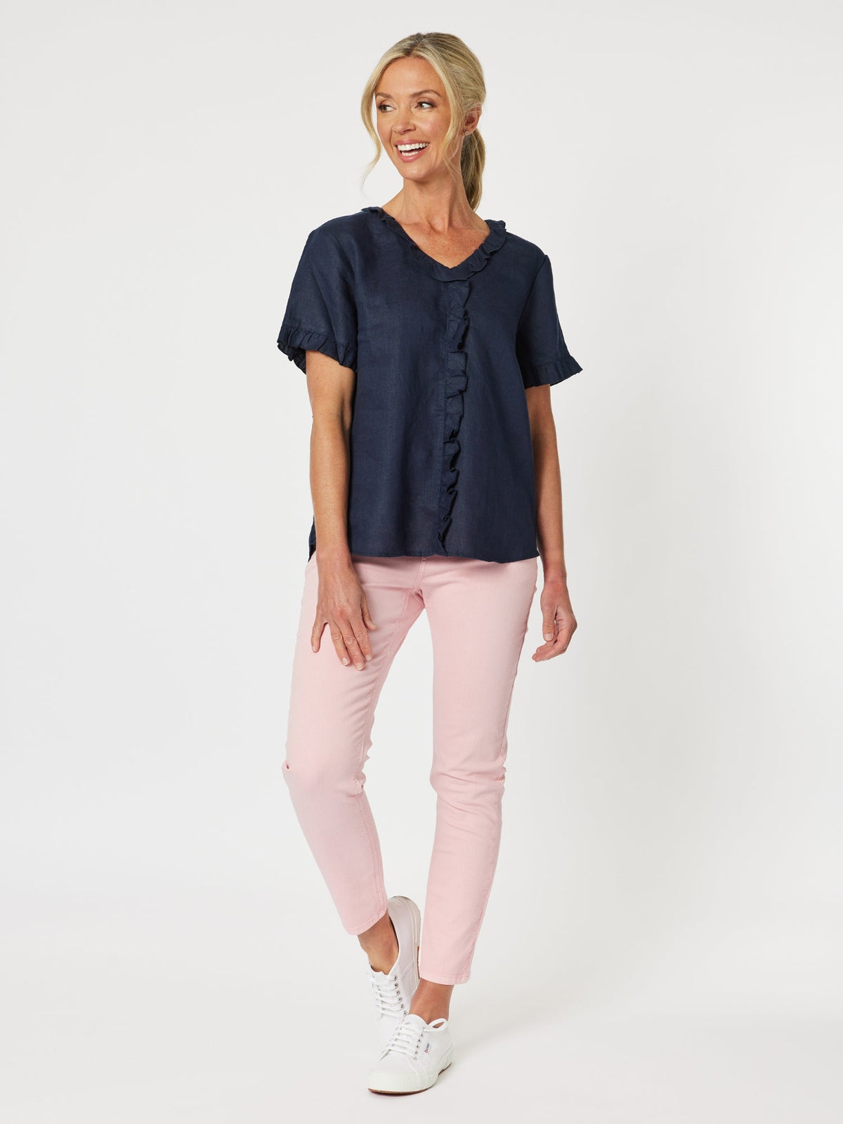 Gordon Smith Tiffany Ruffle Linen Top (Navy)