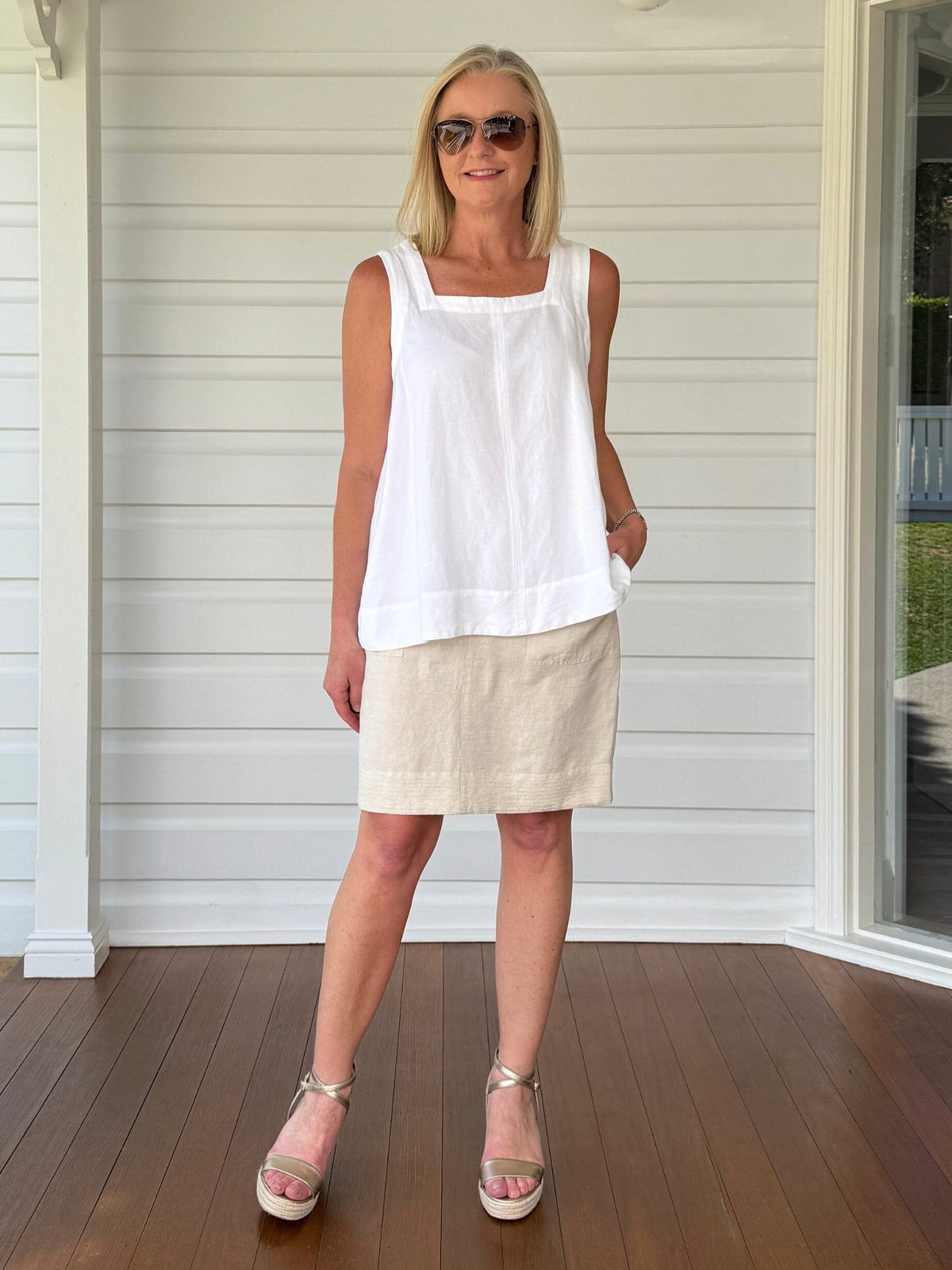 Gordon Smith Lino Stitch Hem Detail Skirt (Natural)