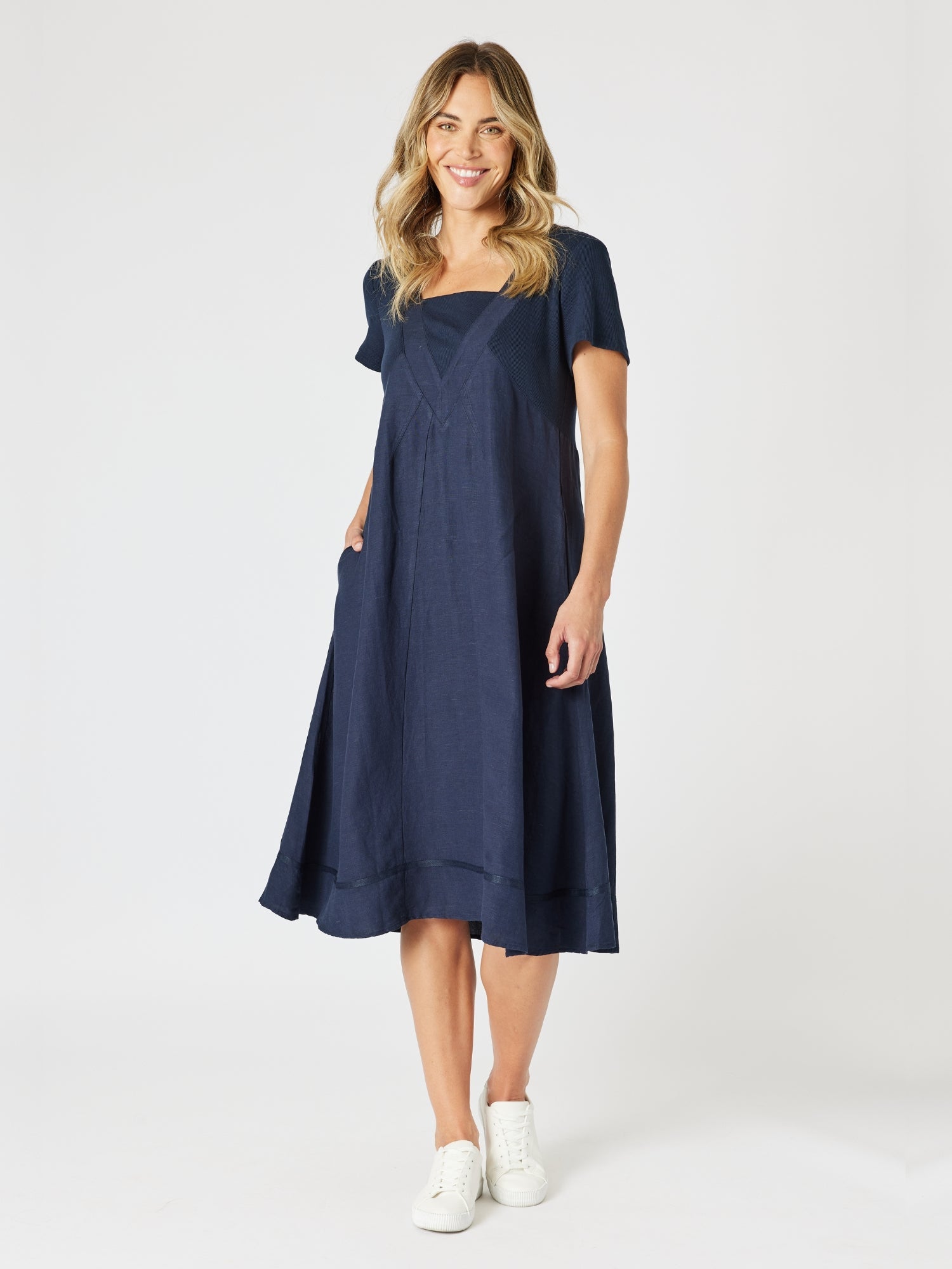 Image of Dresses. Product name - Lino Le Marais Dress Navy in Navy colour by brand - Gordon Smith