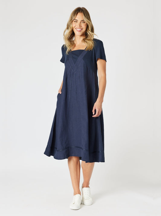 Image of Dresses. Product name - Lino Le Marais Dress Navy in Navy colour by brand - Gordon Smith