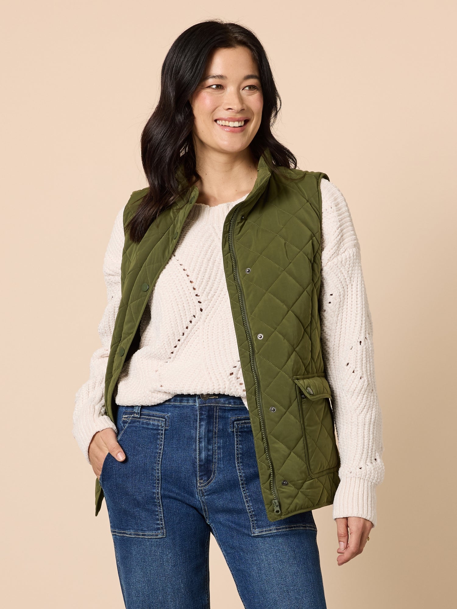 Image of Coats & Jackets. Product name - Hampton Quilted Vest Khaki in Khaki colour by brand - Gordon Smith