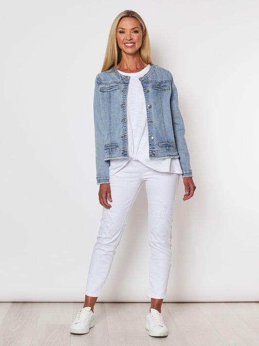 Threadz Collarless Frayed Hem Jacket (Denim)