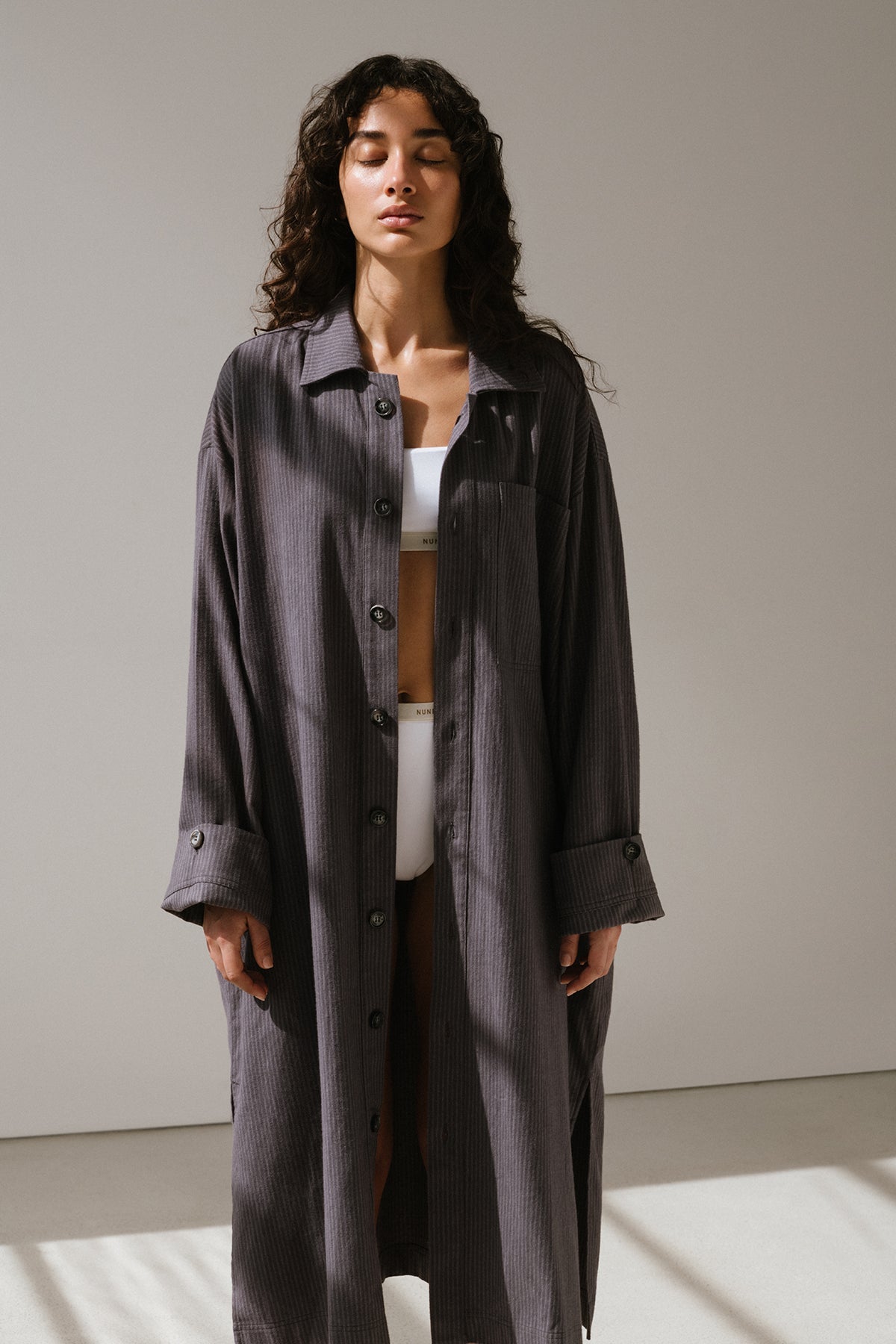 Image of Dresses. Product name - Long House Shirt Evening Pinstripe in Evening Pinstripe colour by brand - NUNE