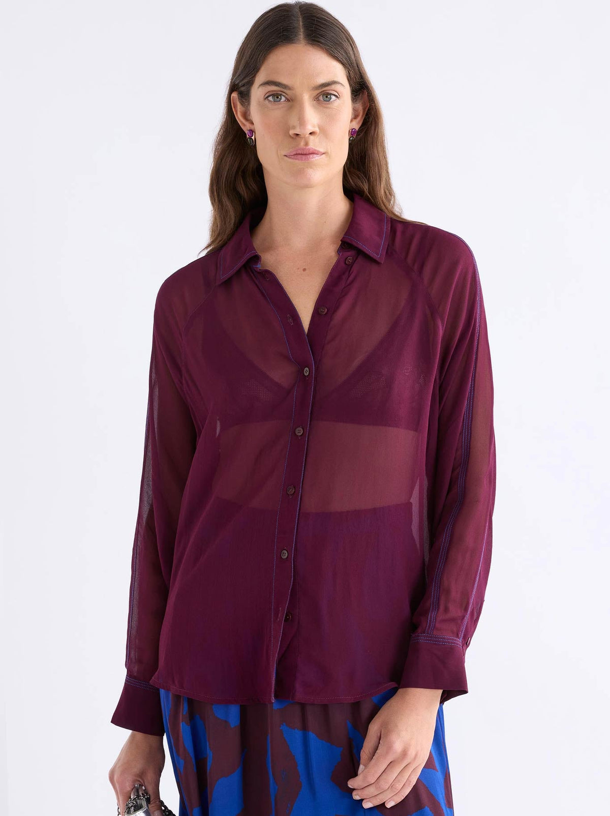Image of a model wearing Tops. Product name - Elk Alema Shirt in Shiraz colour by brand - Elk