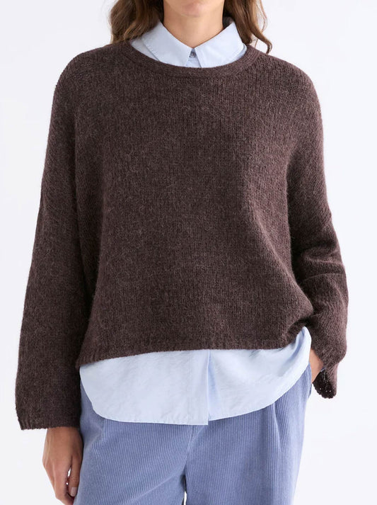 Image of a model wearing Outerwear. Product name - Elk Agna Sweater in Chestnut colour by brand - Elk