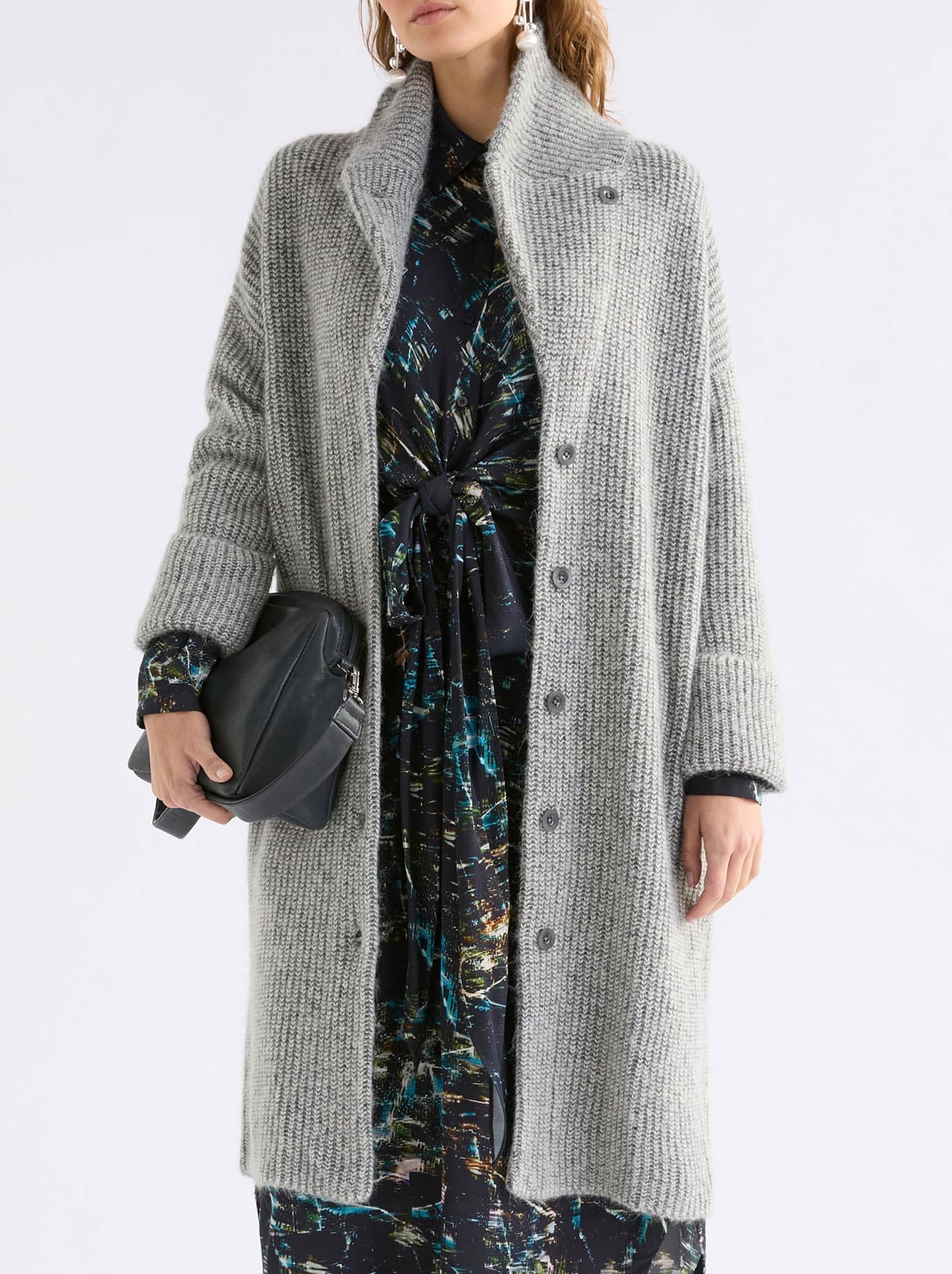 Image of a model wearing Outerwear. Productname: Elk Aleph Longline Cardi in Grey Melange colour by brand - Elk