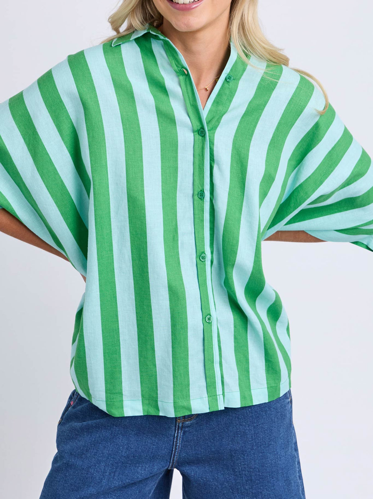 Image of a model wearing Tops. Product name - ELM PALERMO STRIPE SHIRT in Green Briar/Tblue colour by brand - Elm