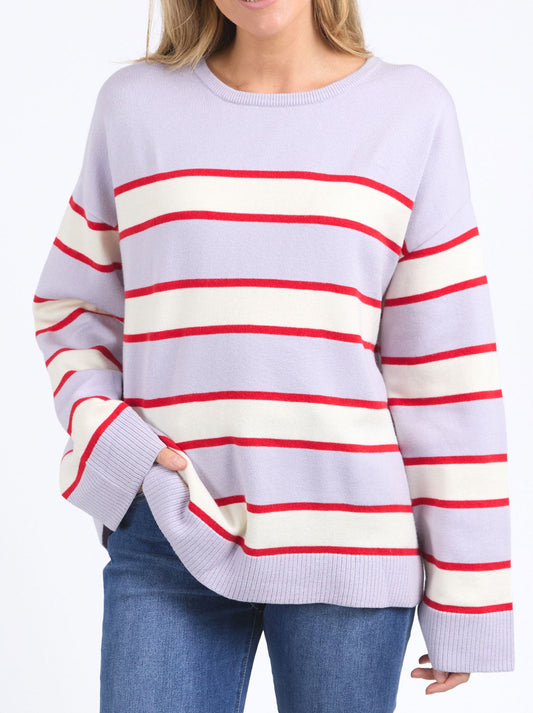 Image of a model wearing Outerwear. Product name - Elm Joni Stripe Knit in Pale Banana colour by brand - Elm