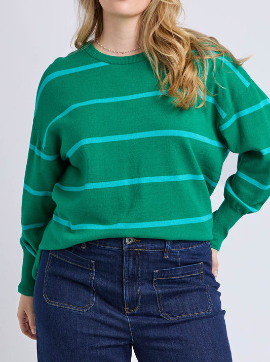 Image of a model wearing Outerwear. Product name - Elm Charlie Stripe Knit in Virdis Green colour by brand - Elm
