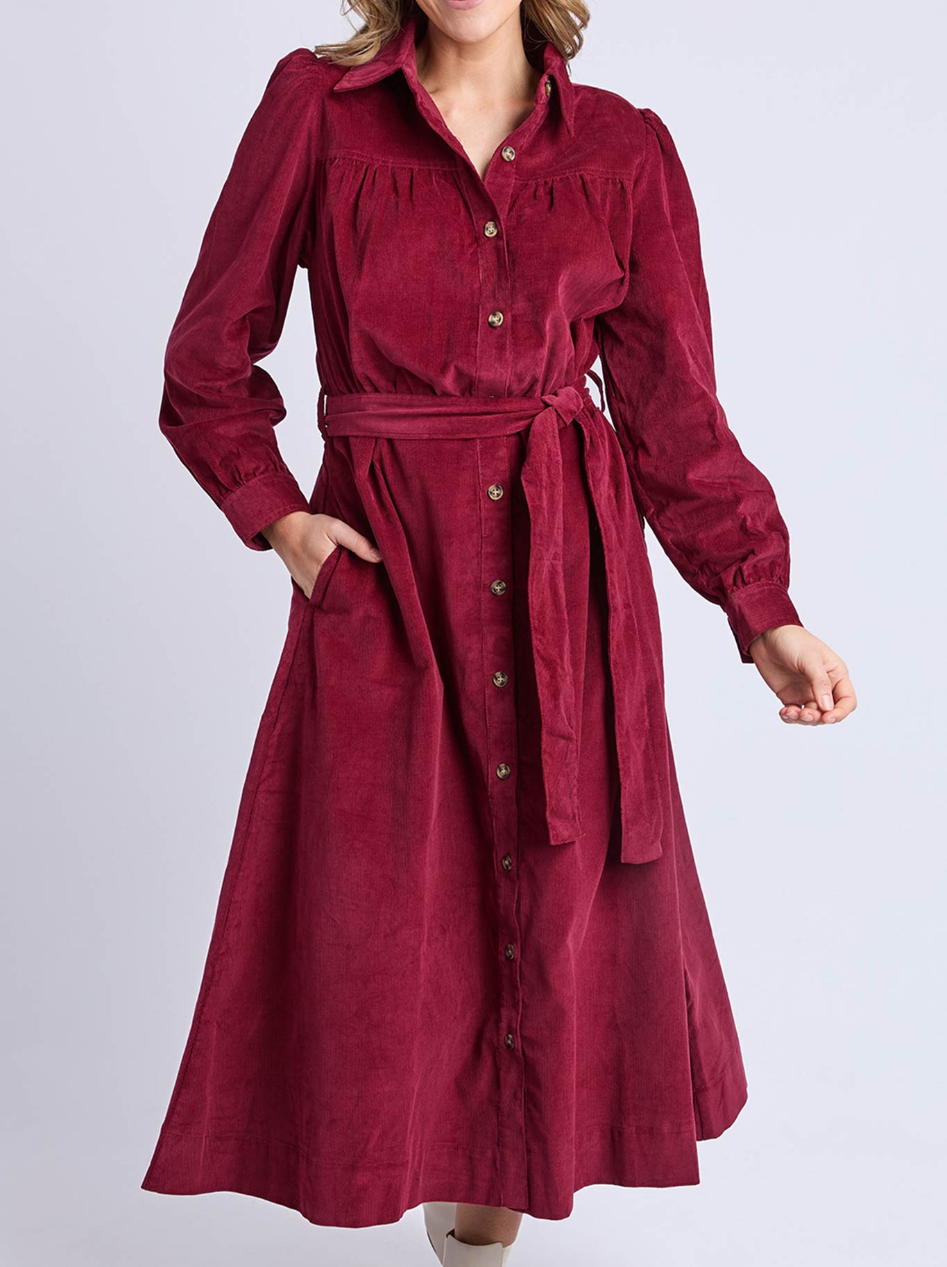 Image of Dresses. Product name - Elm Serena Cord Dress in Maroon colour by brand - Elm