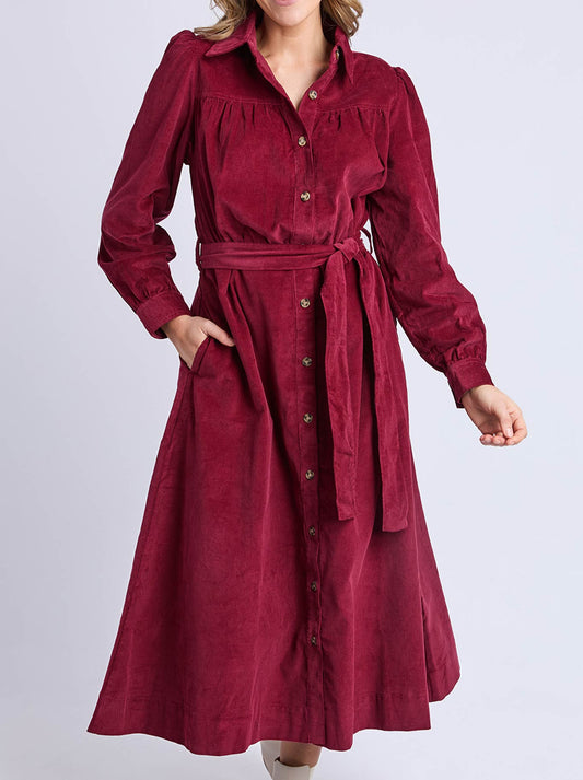 Image of Dresses. Product name - Elm Serena Cord Dress in Maroon colour by brand - Elm