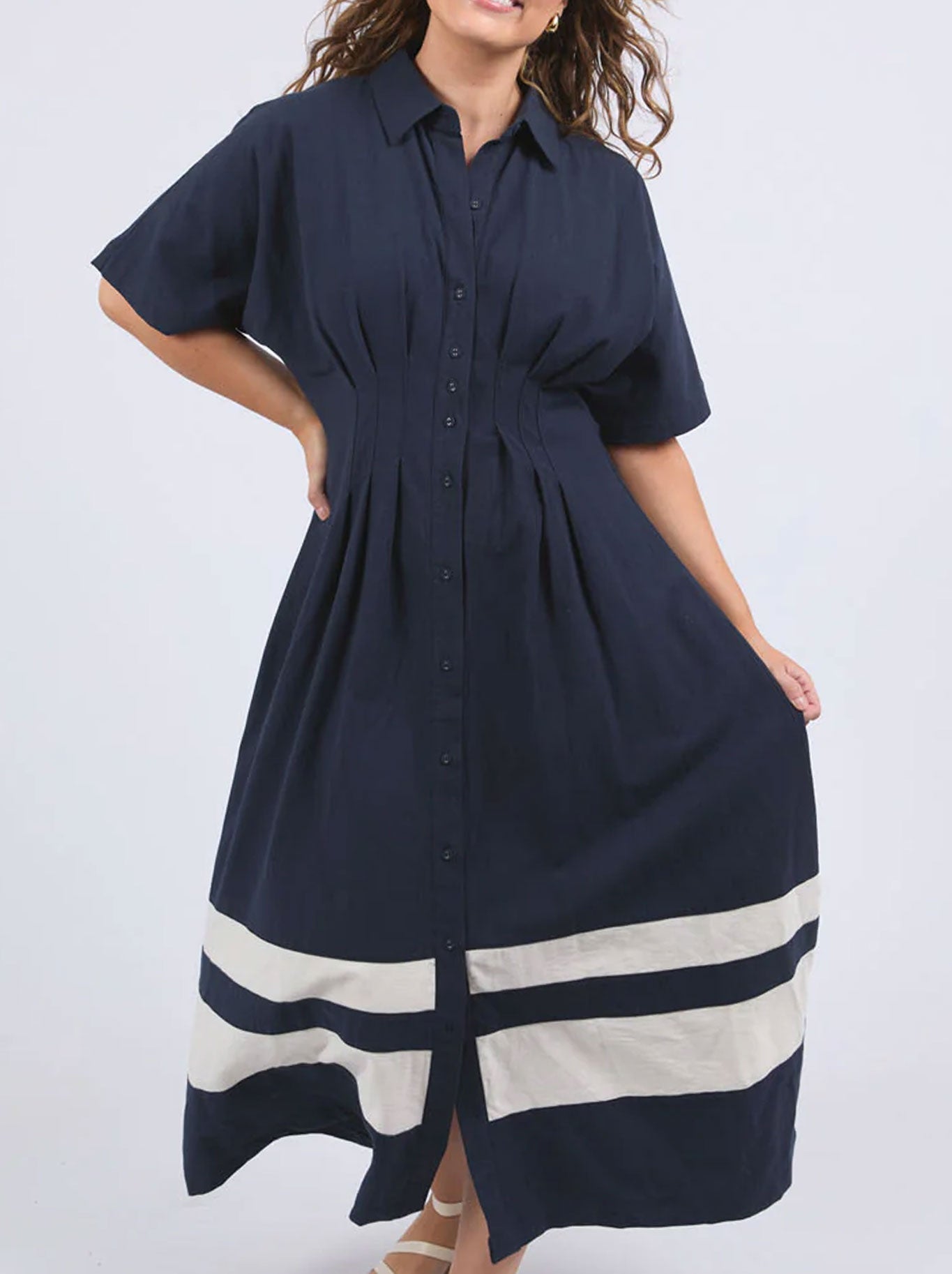 Image of Dresses. Productname: ELM SCARLET MIDI DRESS in Navy Stripe colour by brand - Elm