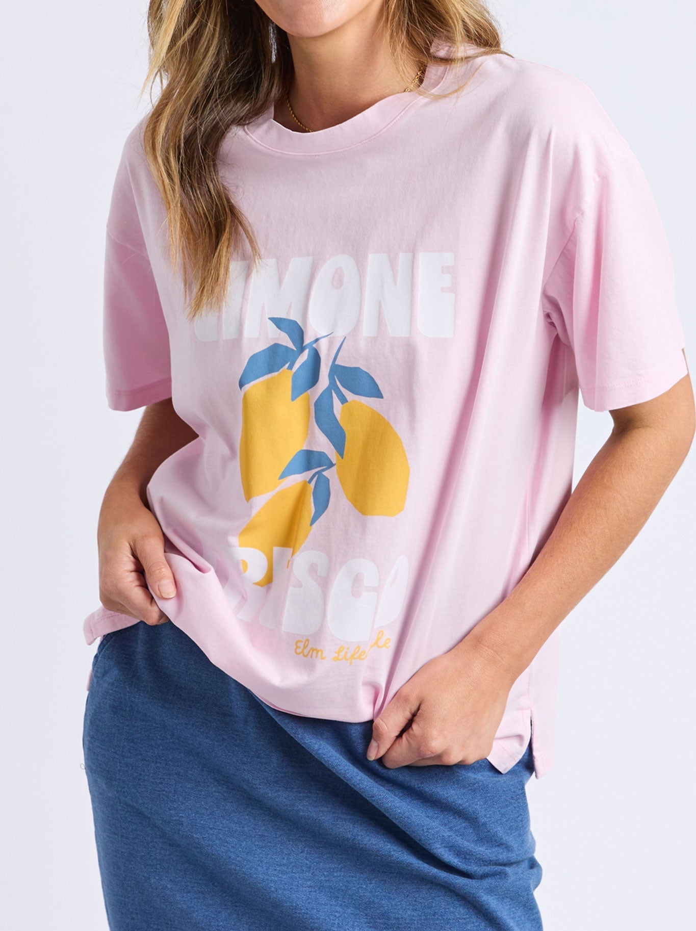 Image of a model wearing Tops. Productname: ELM LIMONE FRESCO TEE in Pink colour by brand - Elm
