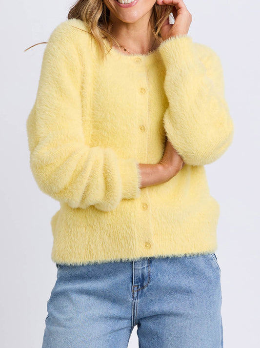 Image of a model wearing Outerwear. Productname: ELM PARIS CARDI in Lemon colour by brand - Elm