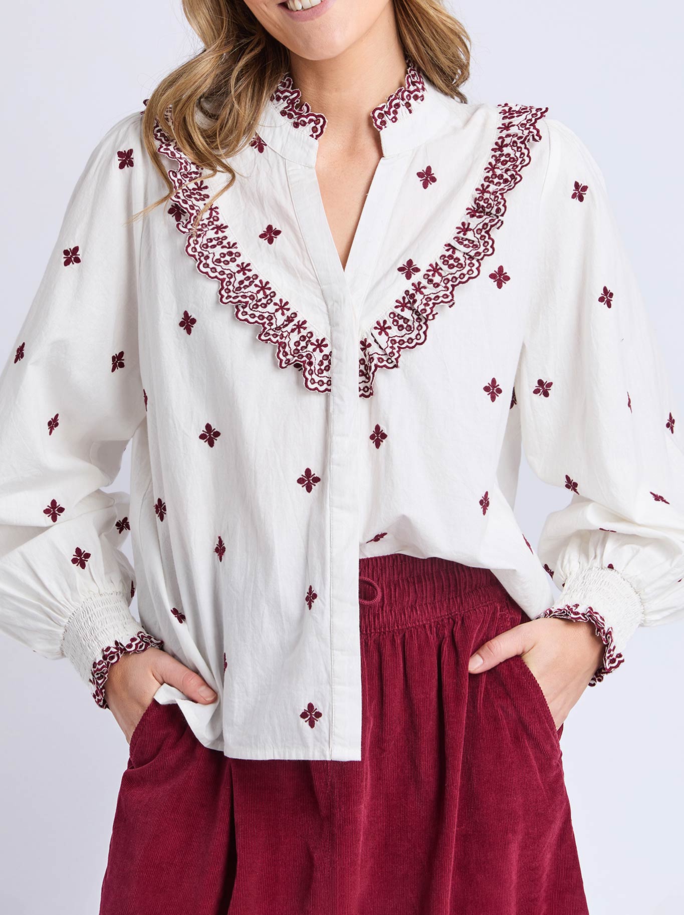 Image of Shirts. Product name - Elm Anges Embroided Shirt in Maroon colour by brand - Elm