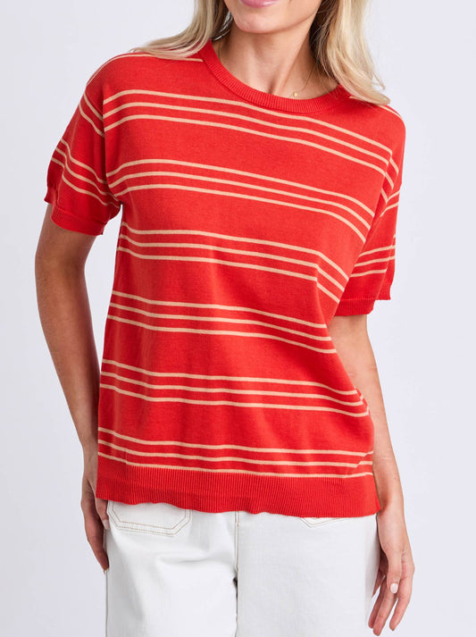 Image of a model wearing Outerwear. Product name - ELM SOFIE KNIT TEE in Tangello colour by brand - Elm