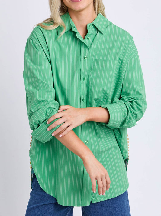 Image of a model wearing Tops. Product name - ELM TROPICAL MUSE SHIRT in Green Briar Stripe colour by brand - Elm