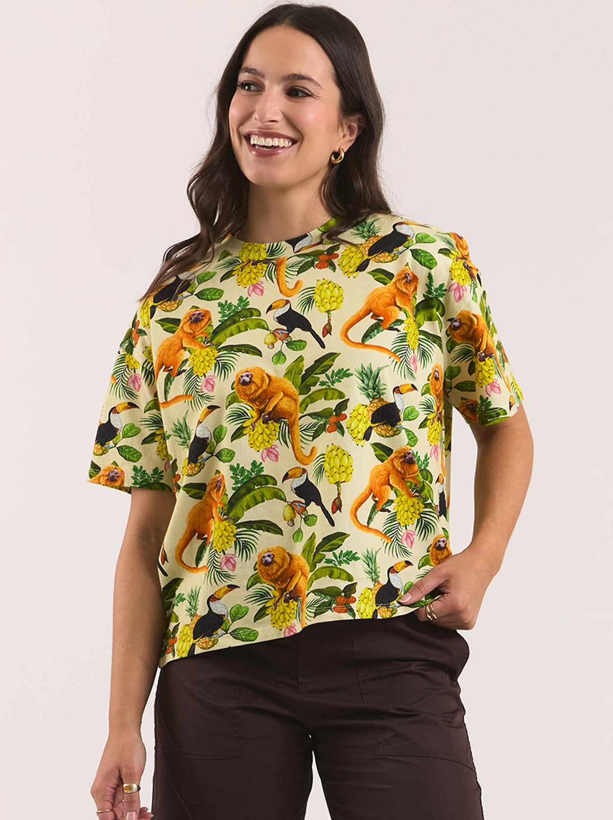 Image of a model wearing Tops. Product name - ELM LALA LAND RIO TEE in Multi colour by brand - Elm