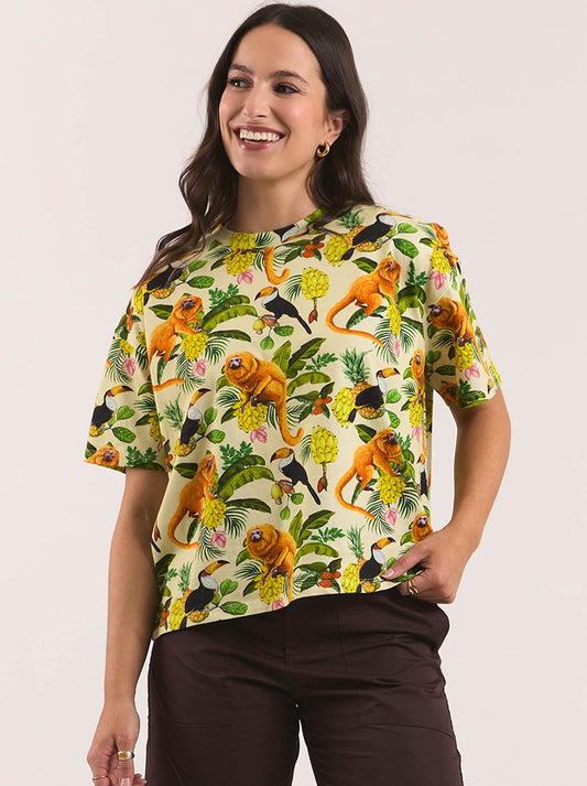 Image of a model wearing Tops. Product name - ELM LALA LAND RIO TEE in Multi colour by brand - Elm