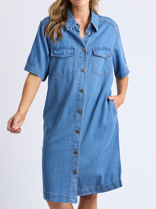 Image of Dresses. Productname: ELM CORA DENIM DRESS in Midblue colour by brand - Elm