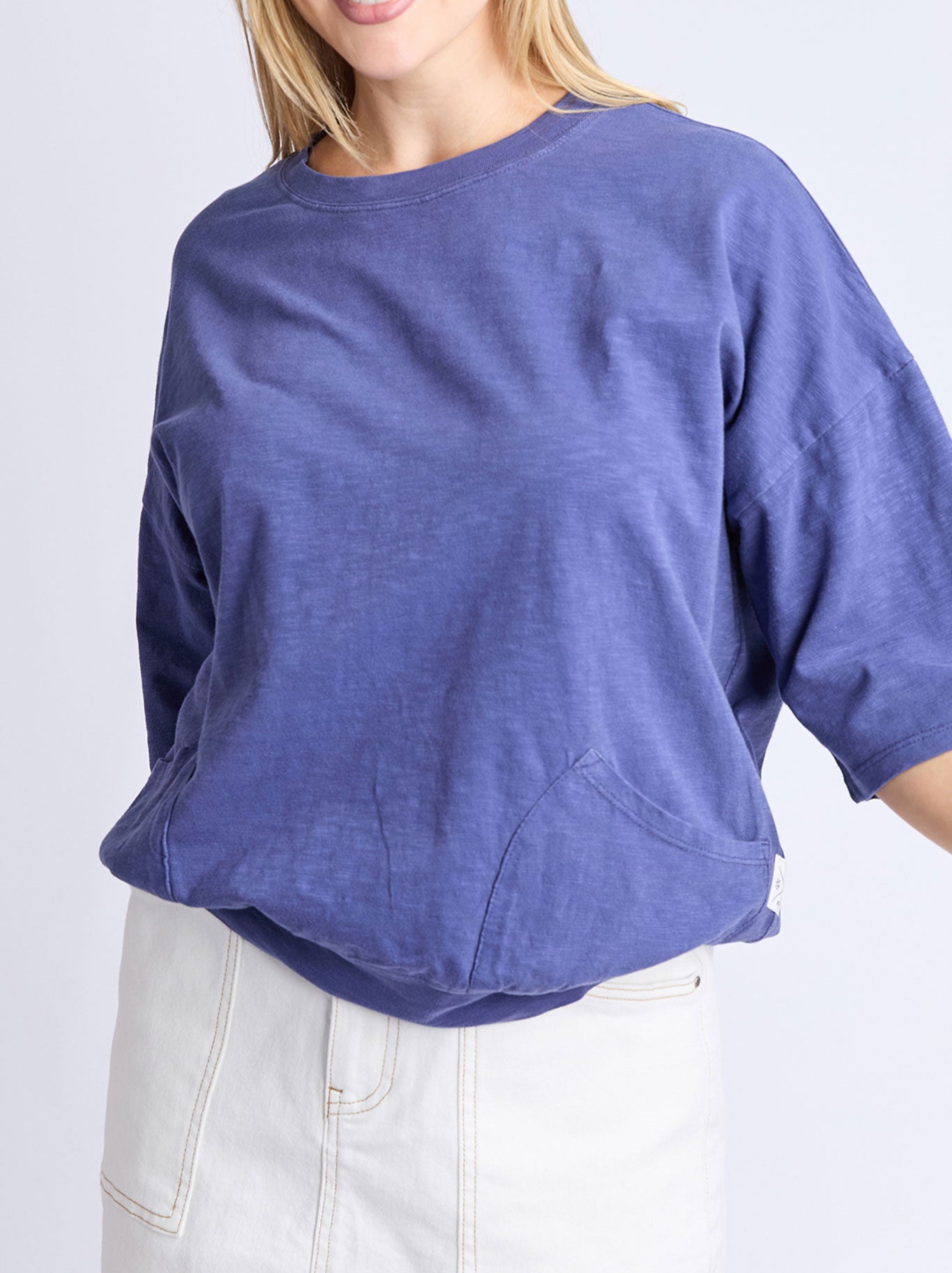 Image of a model wearing Outerwear. Productname: ELM MAZIE SWEAT in Dusk Blue colour by brand - Elm