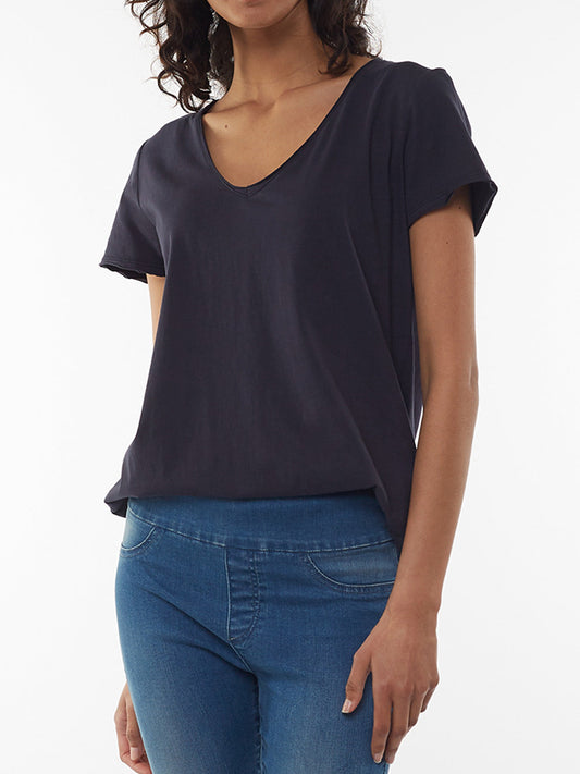Image of a model wearing Tops. Productname: ELM FUNDAMENTAL V TEE in Navy colour by brand - Elm