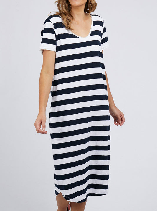 Image of Dresses. Productname: ELM MAEVE MIDI DRESS in Navy White colour by brand - Elm