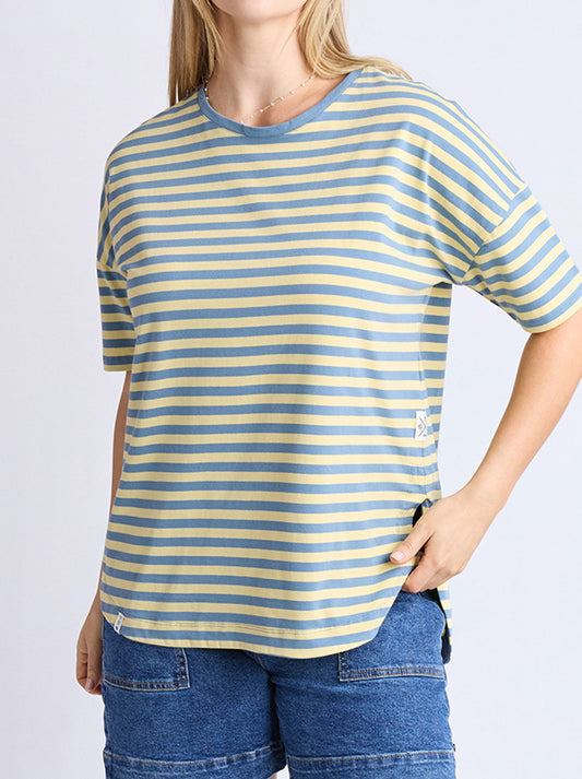 Image of a model wearing Tops. Productname: Elm Lauren Short Sleeve Stripe Tee in Blue Banana colour by brand - Elm