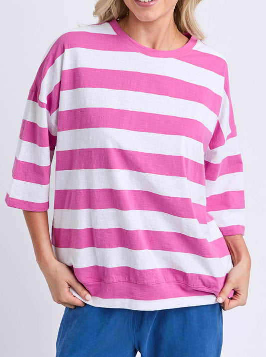 Image of a model wearing Tops. Product name - Elm Mazie Block Stripe Sweat in Magenta/White Stripe colour by brand - Elm