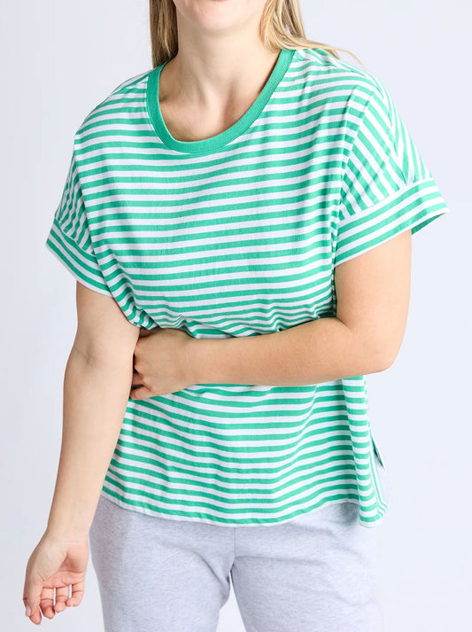 Image of a model wearing Tops. Productname: Elm Yara Stripe Short Sleeve Tee in Green White colour by brand - Elm