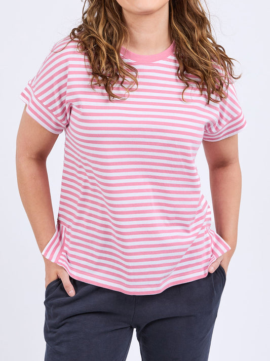 Image of a model wearing Tops. Productname: ELM YARA STRIPE SHORT SLEEVE TEE in Chateau colour by brand - Elm