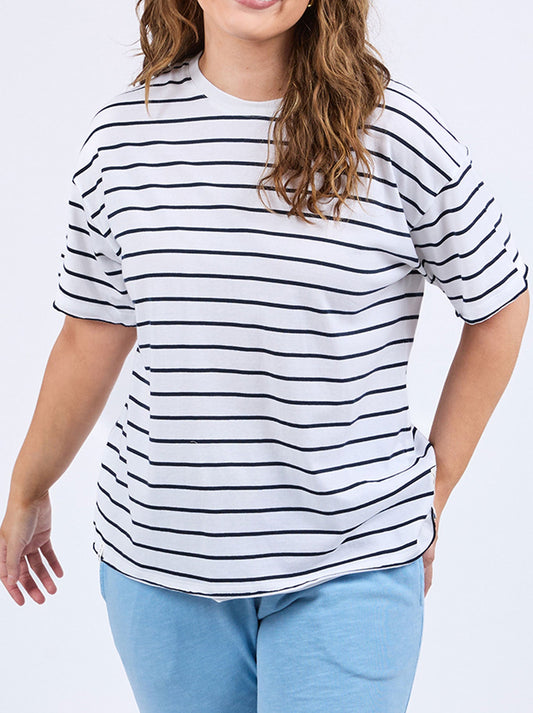 Image of a model wearing Tops. Productname: ELM WINONA STRIPE SHORT SLEEVE TEE in Red colour by brand - Elm