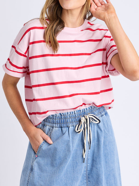 Image of a model wearing Tops. Productname: Elm Halli Short Sleeve Tee in White/Springgreen colour by brand - Elm
