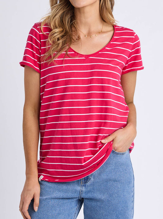 Image of T-Shirts. Product name - ELM PIMA STRIPE VEE TEE in Dark Pink/Stripe colour by brand - Elm