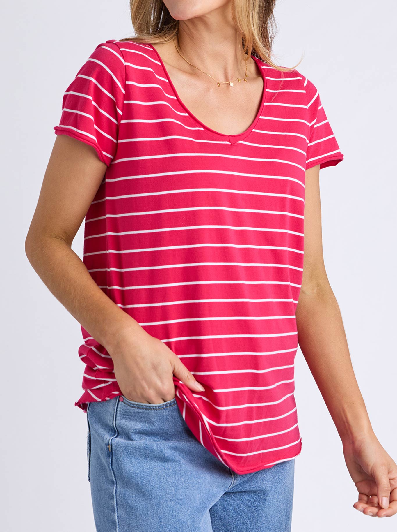 ELM PIMA STRIPE VEE TEE (Dark Pink/Stripe)