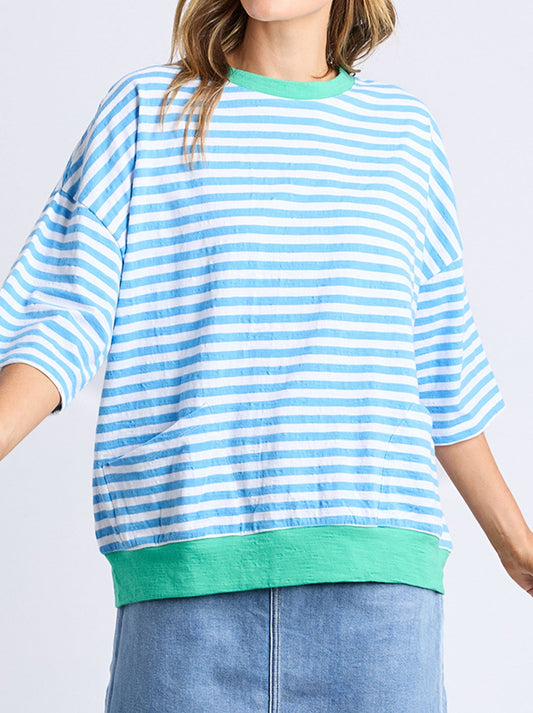 Image of a model wearing Tops. Product name - ELM MAZIE STRIPE SWEAT in Blue/White Stripe colour by brand - Elm