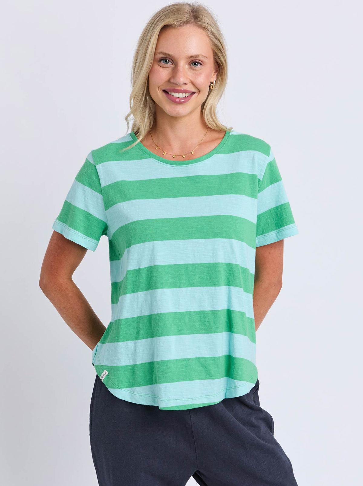 Image of a model wearing Tops. Product name - Elm Spritz Stripe Tee in Green Briar/Tblue colour by brand - Elm