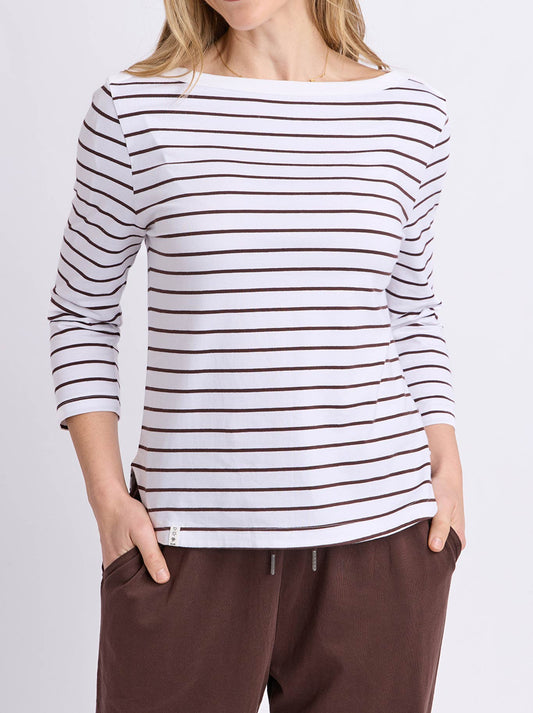 Image of a model wearing Tops. Product name - Elm Eliza Boat Neck Tee in Coffee/White colour by brand - Elm