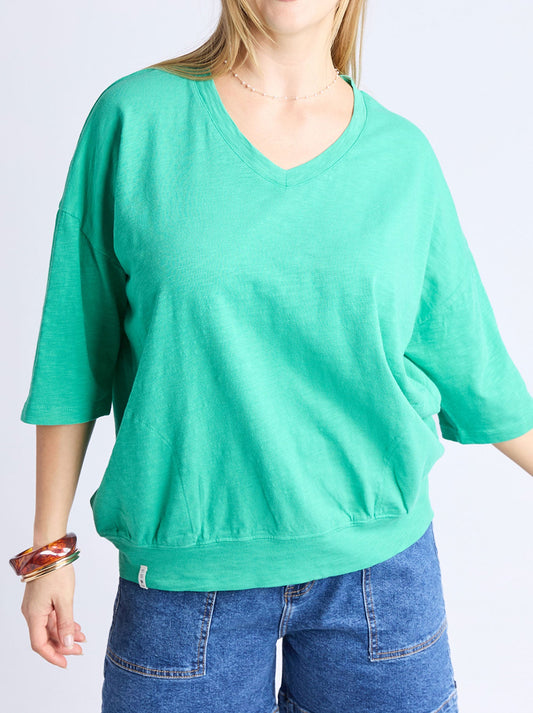 Image of a model wearing Tops. Productname: ELM MAZIE V NECK in Gumdrop Green colour by brand - Elm