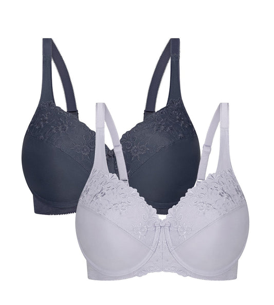 Image of Bras. Productname: Triumph Embroidered Minimiser Twin Pack Underwired Bra in Misty Lilac Nuit Combination colour by brand - Triumph