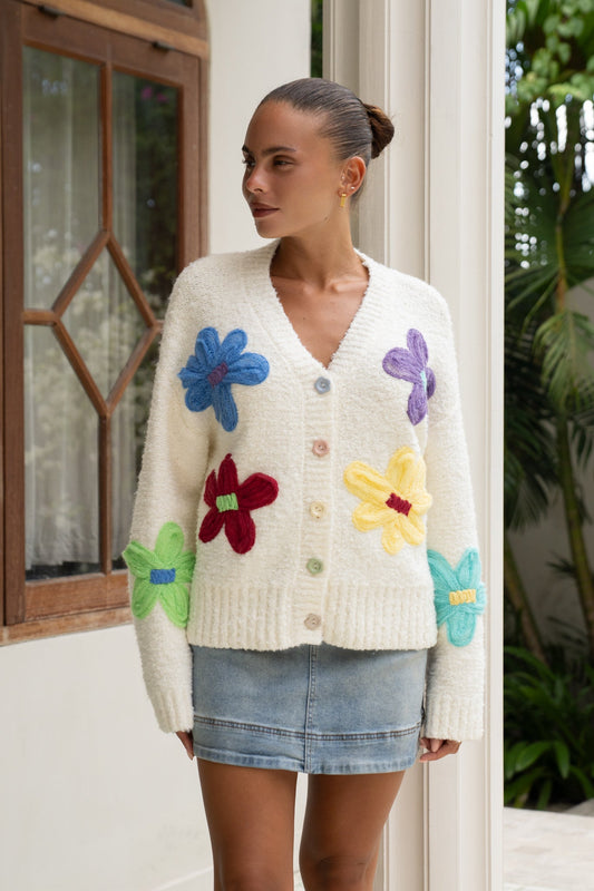 Image of a model wearing Tops. Product name - Emilee Multicolour Floral Knit Cardigan in Multi colour by brand - Heychic