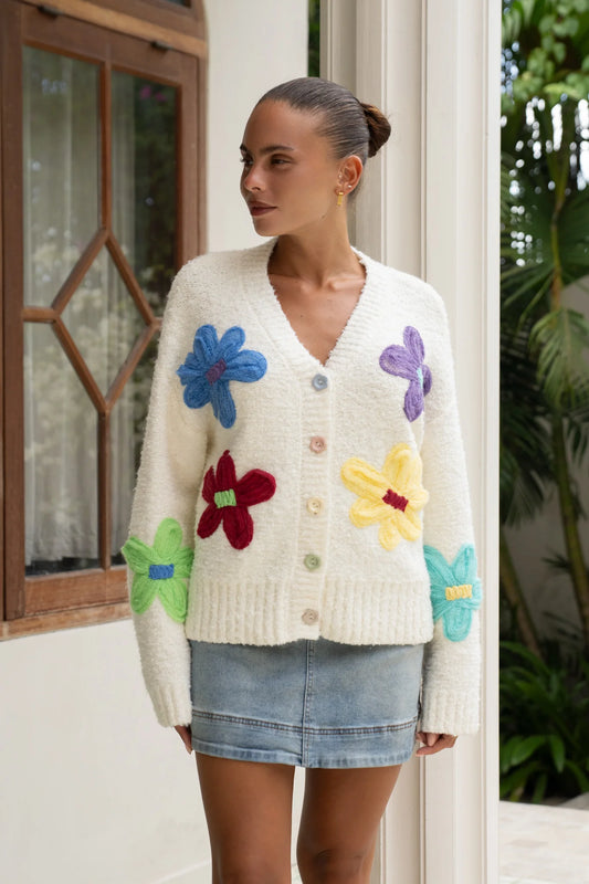 Image of Cardigans. Product name - Emilee Multicolour Floral Knit Cardigan in Multi colour by brand - Heychic