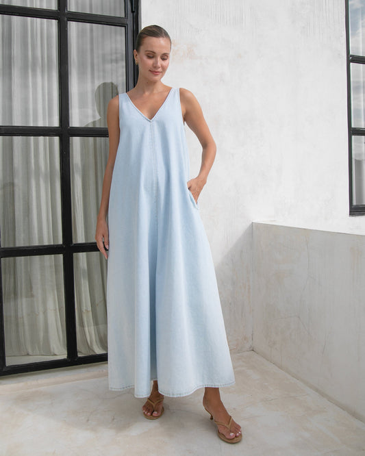 Image of Dresses. Product name - Emily Denim Maxi Dress in colour by brand - Soon Maternity